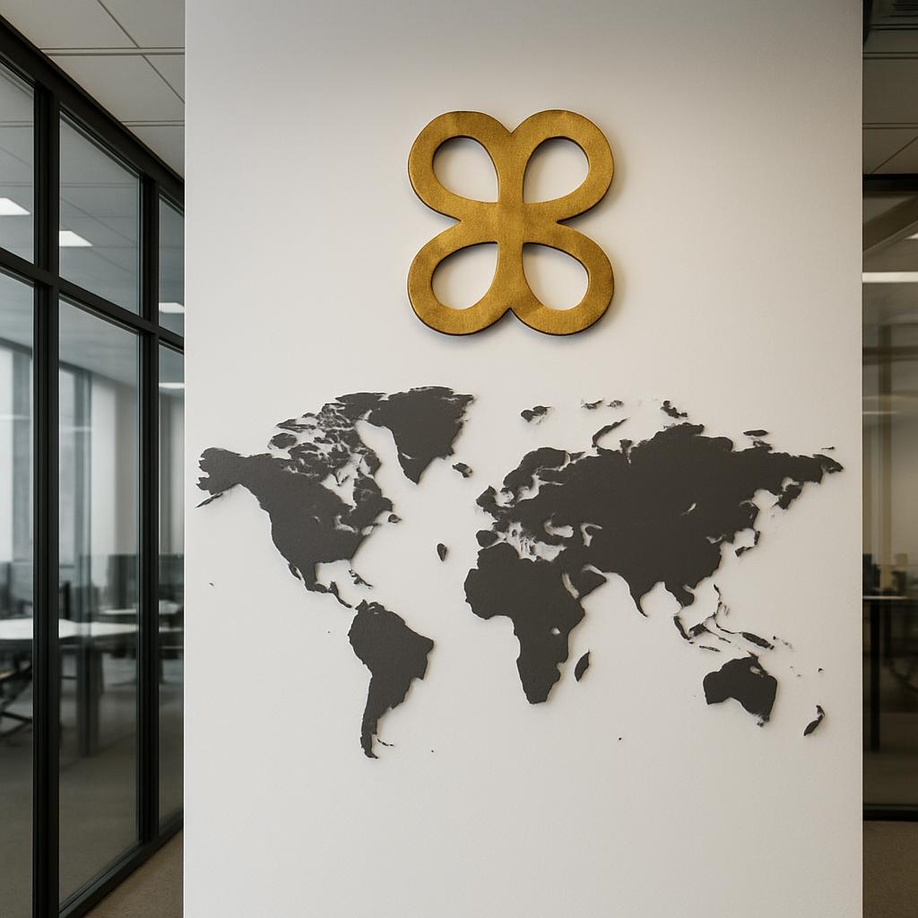 An office space with a wall featuring a gold symbol and a dark gray world map.