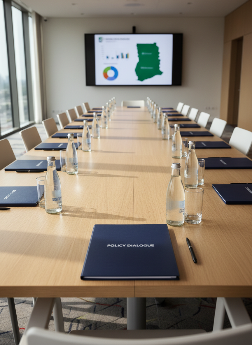 A beautifully arranged meeting space featuring a long rectangular table of smooth light oak, meticulously set with identical navy-blue folders labeled “Policy Dialogue,” each accompanied by a fine-point pen and a glass bottle of water with condensation. At the far end of the table, a large screen displays a blurred presentation slide with charts and the outline of Ghana. Floor-to-ceiling windows on one side let in bright but diffused daylight, softly illuminating the room and casting faint shadows of the chairs on the polished floor. Photographic realism, captured from one end of the table with a strong sense of depth leading toward the screen. The mood is formal, structured, and optimistic, ideal for high-level discussions on development and advocacy outcomes.