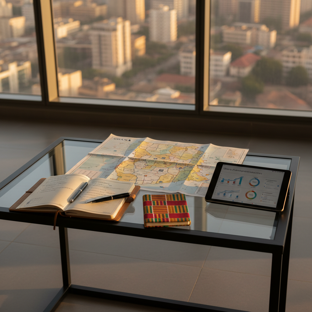 A modern glass-topped desk with a matte black metal frame, positioned near a large window overlooking a soft-focus cityscape of Accra at dusk. On the desk sits a detailed printed map of Ghana with regional markers, a leather-bound planner open to a neatly organized advocacy schedule, and a tablet showing a dashboard of development indicators. A small kente-patterned notebook adds a distinct Ghanaian touch. Warm golden-hour light spills across the desk surface, creating gentle shadows and highlighting the textures of paper, glass, and fabric. Captured from a slightly elevated angle in photographic realism, the scene feels purposeful, organized, and aspirational, with clean, modern lines and a subtle sense of momentum toward positive social change.