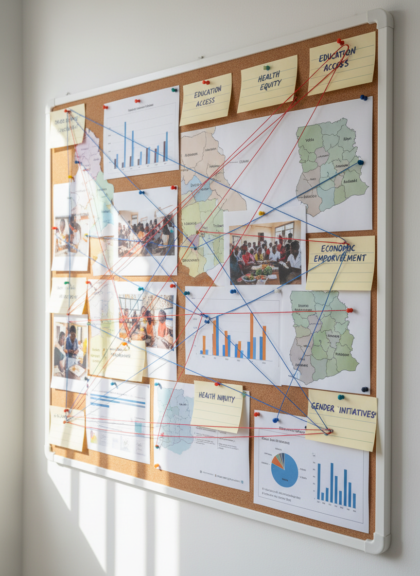 A close, detailed shot of a corkboard mounted on a clean white wall, meticulously covered with development project photos, printed data charts, and pinned index cards labeled with themes like “Education Access,” “Health Equity,” and “Economic Empowerment.” Thin red and blue strings connect certain cards to maps of Ghana’s regions, creating a visual network of impact. Natural daylight from a nearby window falls diagonally across the board, accentuating pushpin heads and paper edges while leaving parts in gentle shadow. Captured in photographic realism from a slight side angle, the depth of field keeps all elements sharp. The atmosphere is analytical and mission-driven, showcasing organized thinking and the interconnected nature of social change work in Ghana.