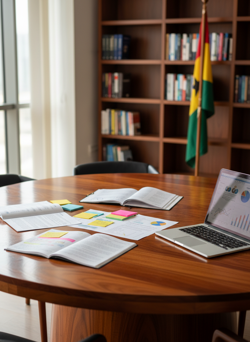 A polished round conference table made of rich Ghanaian hardwood, its smooth grain and warm reddish-brown tones gleaming under soft, diffused daylight from large unseen windows. Neatly arranged on the table are open policy reports with highlighted passages, a slim silver laptop displaying graphs about social impact, and color-coded sticky notes forming a strategic plan. In the background, slightly blurred, stand tall bookshelves lined with development and advocacy titles, and a discreet Ghanaian flag on a stand. Photographic realism, eye-level composition with shallow depth of field, emphasizing the table’s surface and documents. The lighting is calm and even, creating an atmosphere of focused professionalism and collaborative strategy, with subtle reflections on the laptop and table edge to convey a modern, clean aesthetic.