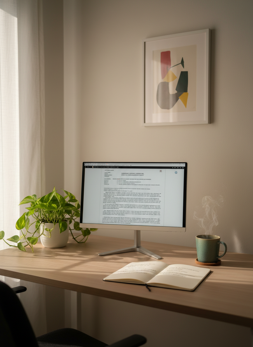 A minimalist, well-organized home office corner with a light ash wood desk, a slim monitor displaying a detailed policy document, and an open notebook with carefully handwritten goals related to advocacy and leadership. Next to the notebook, a ceramic mug in muted teal rests on a cork coaster, with subtle steam rising. A small potted plant with vibrant green leaves adds freshness against a neutral wall adorned with a single framed abstract artwork in Ghana’s flag colors, tastefully subdued. Soft afternoon light filters through unseen sheer curtains, casting delicate, elongate shadows across the desk. Photographic realism with an eye-level, slightly off-center composition creates a calm, focused, and empowering mood, underscoring the disciplined, everyday work of driving social impact from any setting.
