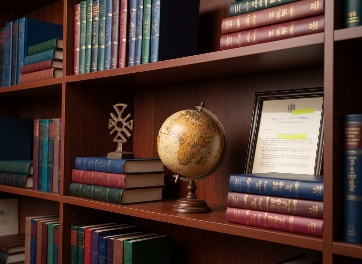 A close-up of an elegant dark wood bookshelf, its shelves impeccably arranged with development and policy books, each spine in rich jewel tones of deep blue, burgundy, and forest green. Interspersed between the books are small symbolic objects: a finely carved Adinkra symbol in bronze, a miniature globe highlighting Africa, and a simple framed document labeled “Policy Brief” with highlighted sections visible. Soft, indirect studio lighting washes over the shelves, creating a warm, dignified glow and gentle shadows between volumes. Photographic realism with a slightly angled composition emphasizes depth and order. The mood is intellectual, grounded, and aspirational, reflecting a commitment to knowledge, advocacy, and long-term impact in Ghanaian society.