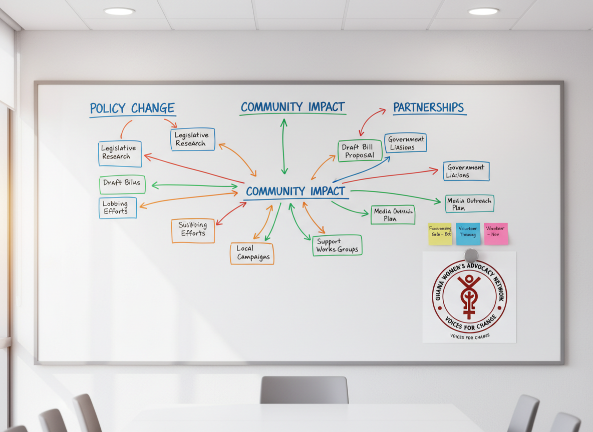 A sleek whiteboard spanning a clean office wall, filled with a thoughtfully organized advocacy strategy diagram in vivid markers: clear headings like “Policy Change,” “Community Impact,” and “Partnerships,” with connecting arrows and boxed milestones. At the bottom corner, a printed logo mockup for a Ghana-focused women’s advocacy network is magnetically pinned alongside color-coded sticky notes. The room is lit by bright yet soft overhead lighting, complemented by natural daylight filtering from the side, eliminating harsh shadows. Shot straight-on in photographic realism with sharp focus across the board, the composition uses the rule of thirds to highlight key strategy points. The atmosphere is energetic yet professional, evoking structured planning, clarity of purpose, and coordinated action for social impact.